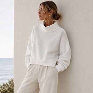 Varley White Ribbed Ottoman Funnel Neck Cotton Sweatshirt Side Zip Pullover L
